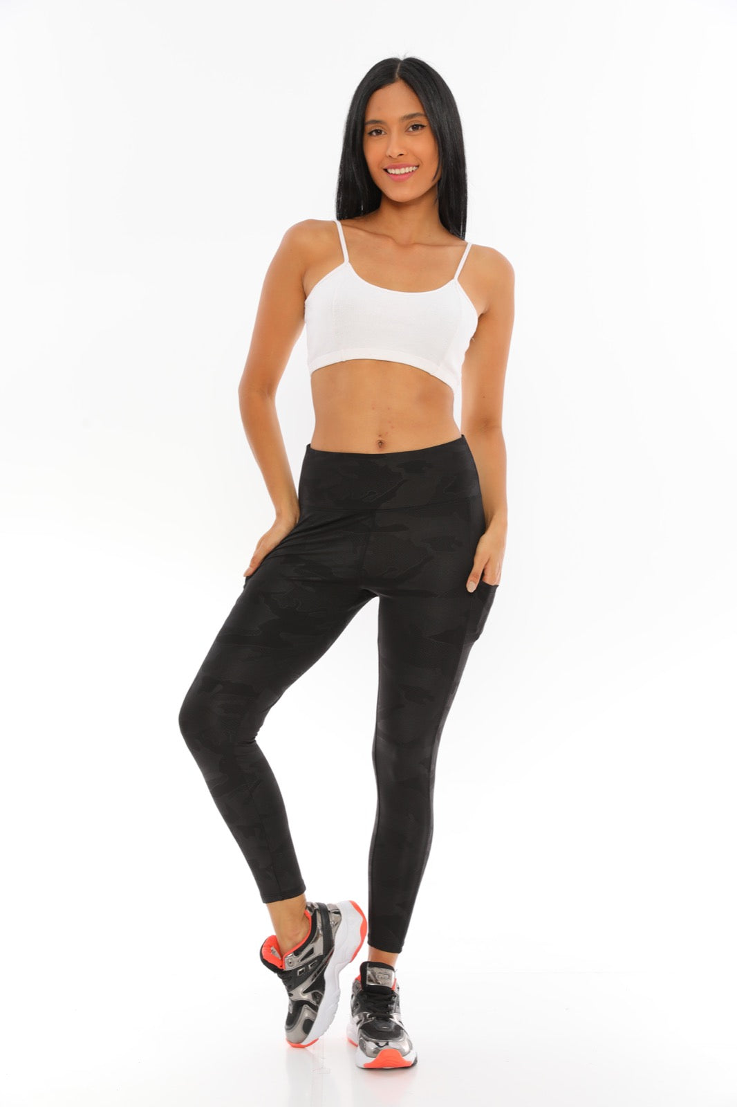 Leggings with Pockets Black Camouflage