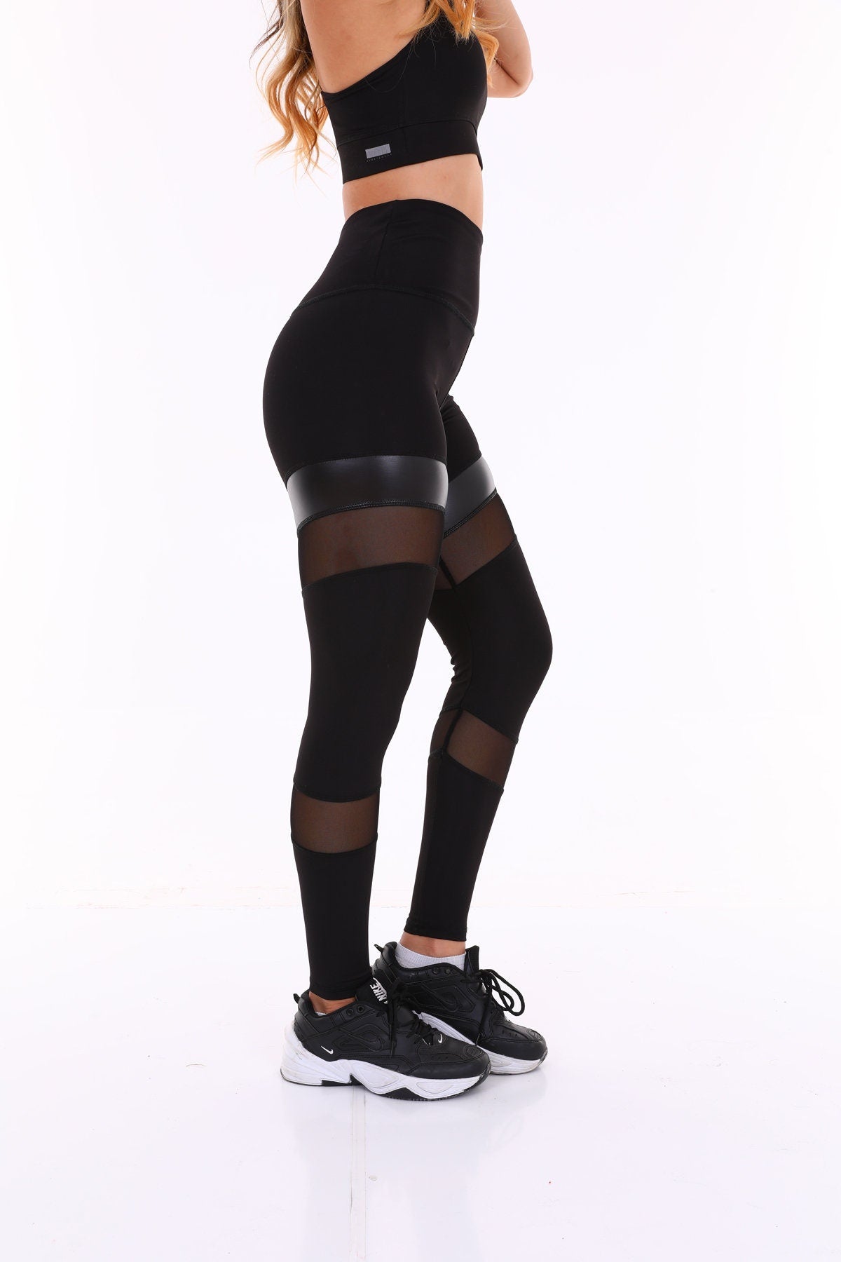 Leggings Leather High Waist Tulle Black