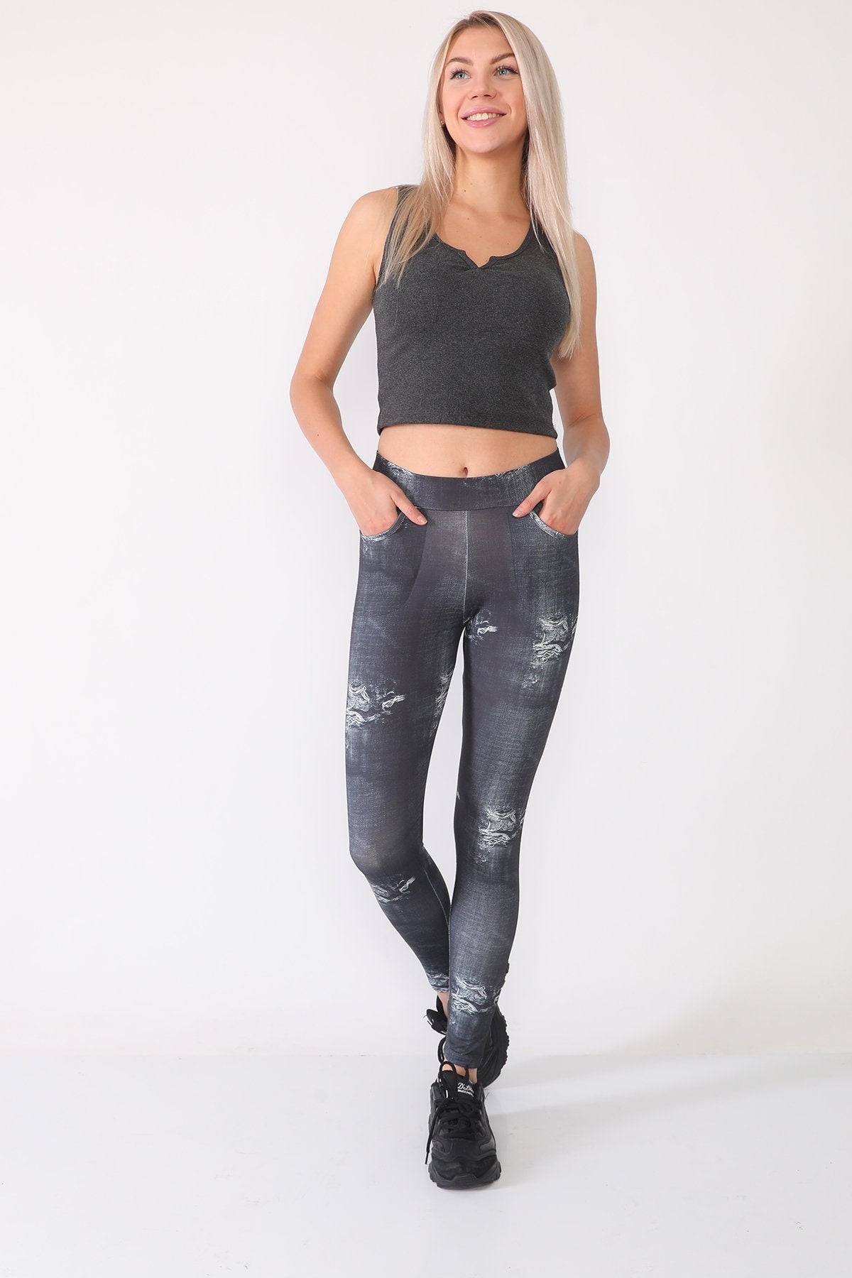 Leggings Denim with Pockets Black