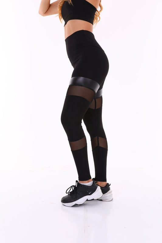 Leggings Leather High Waist Tulle Black