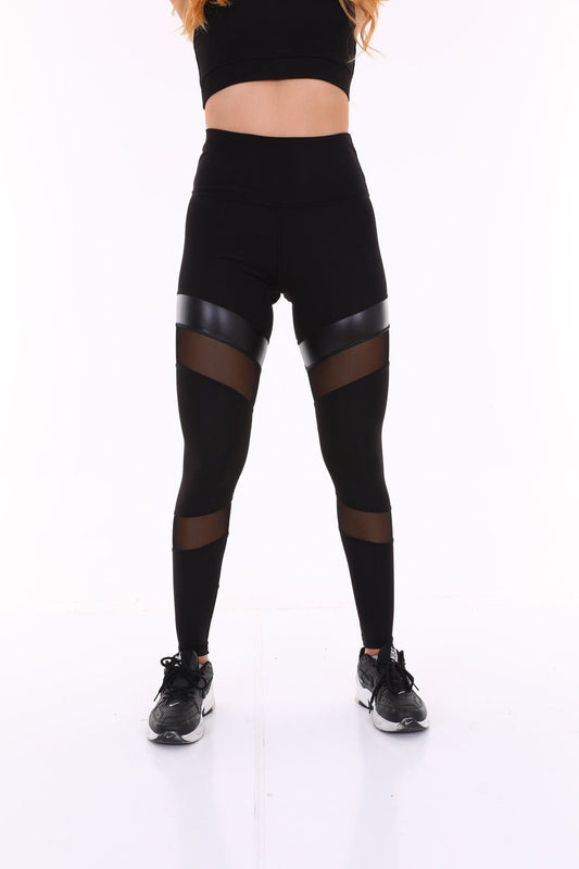 Leggings Leather High Waist Tulle Black